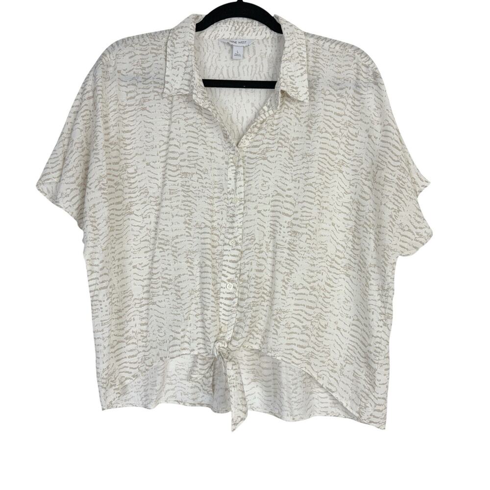 Nine West White Tan Zebra Safari Button Up Tie Front Top Women's Size Large